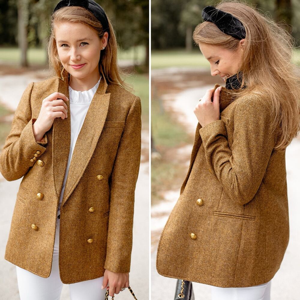 J.Crew Bristol Double Breasted Wool Herringbone Blazer Jacket Brown Size 10